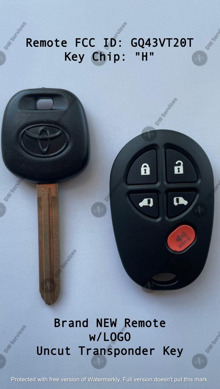 NEW! Toyota SIENNA keyless entry remote FOB GQ43VT20T & Transponder KEY 'H' Chip