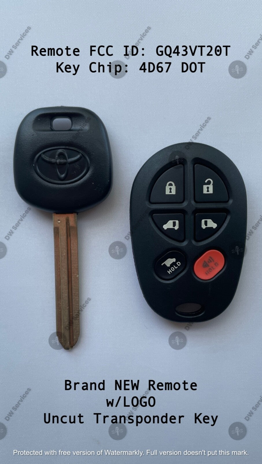 NEW! Toyota SIENNA keyless remote FOB GQ43VT20T & Transponder KEY 4D67 DOT HATCH