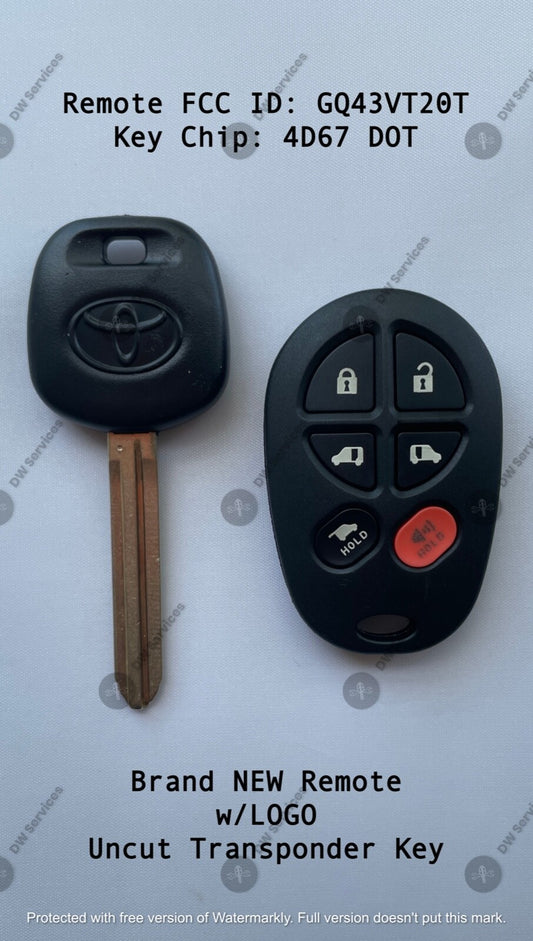 NEW! Toyota SIENNA keyless remote FOB GQ43VT20T & Transponder KEY 4D67 DOT HATCH