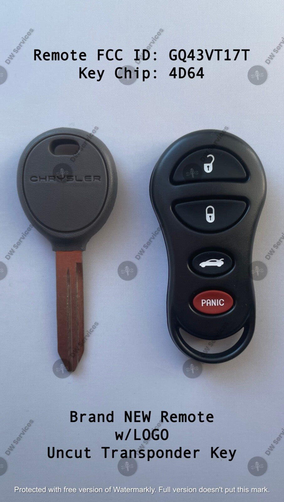 NEW! Chrysler keyless entry remote FOB GQ43VT17T & Transponder KEY 4D64 Chip L/T