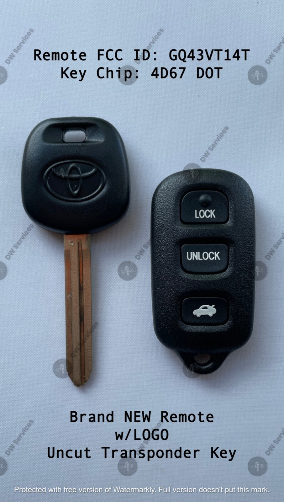 NEW! Toyota keyless entry remote FOB GQ43VT14T & Transponder KEY 4D67 DOT MATRIX