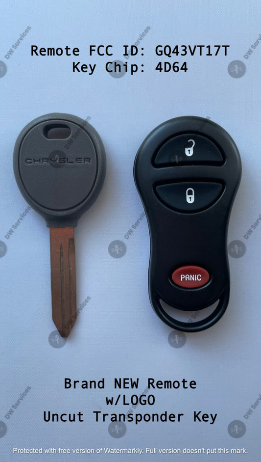 NEW! Chrysler keyless entry remote FOB GQ43VT17T & Transponder KEY 4D64 Chip L/U