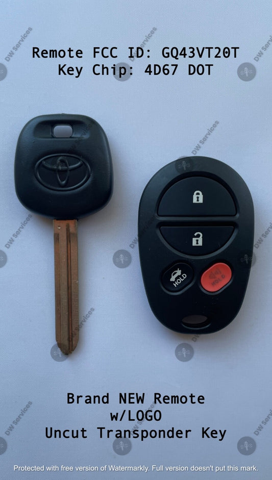 NEW! Toyota keyless entry remote FOB GQ43VT20T & Transponder KEY 4D67 DOT Avalon