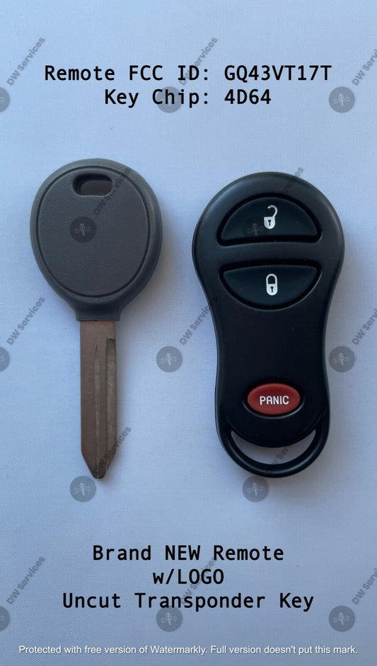 NEW! Dodge keyless entry remote FOB GQ43VT17T & Transponder KEY 4D64 Chip Plymou