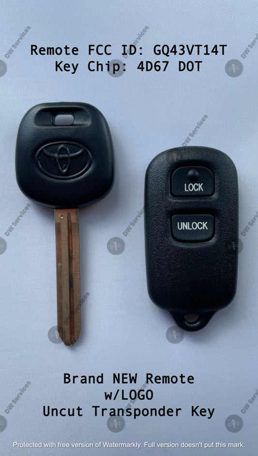 NEW! Toyota keyless entry remote FOB GQ43VT14T & Transponder KEY 4D67DOT COROLLA