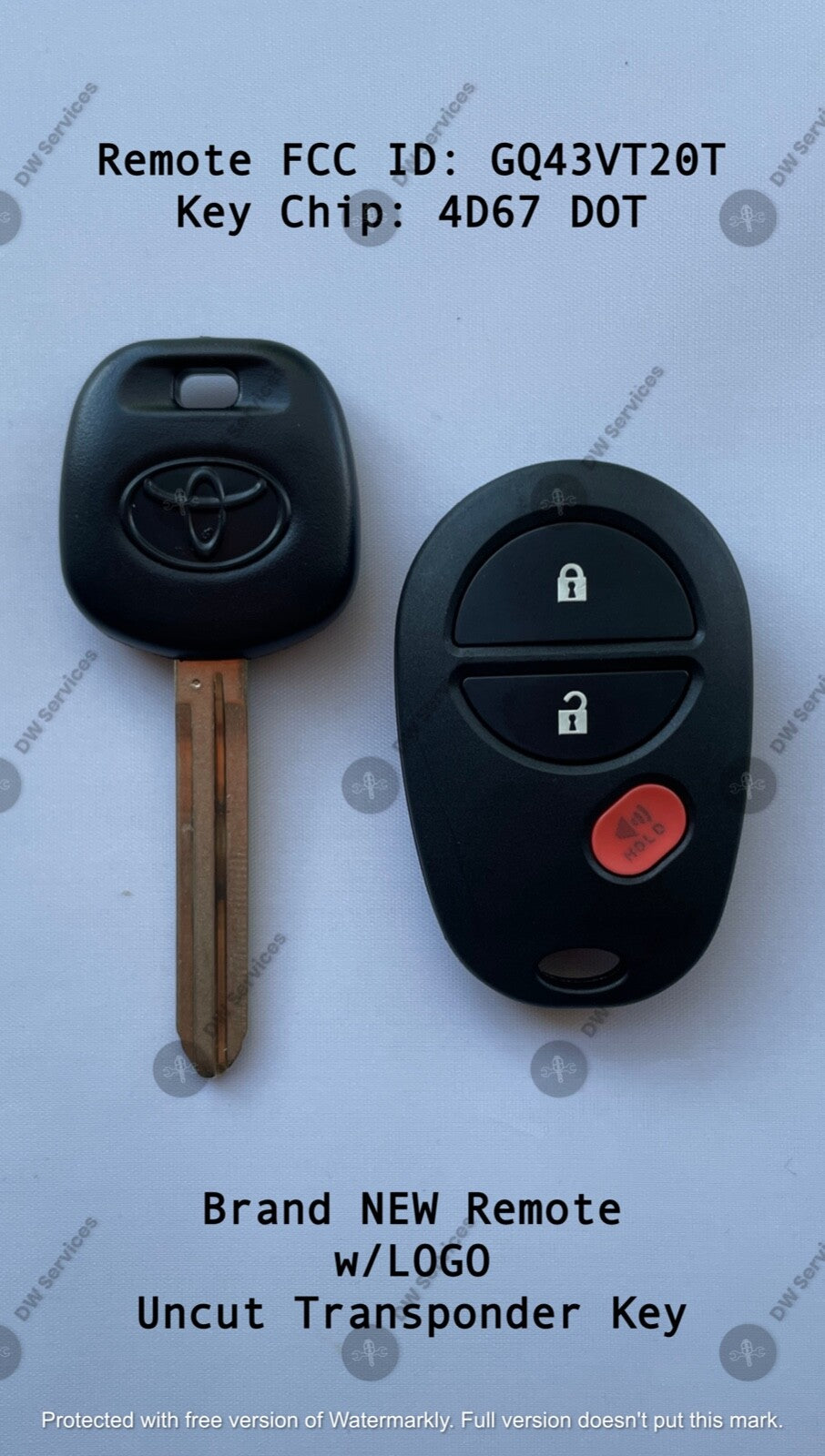 NEW! Toyota keyless entry remote FOB GQ43VT20T & Transponder KEY 4D67 DOT
