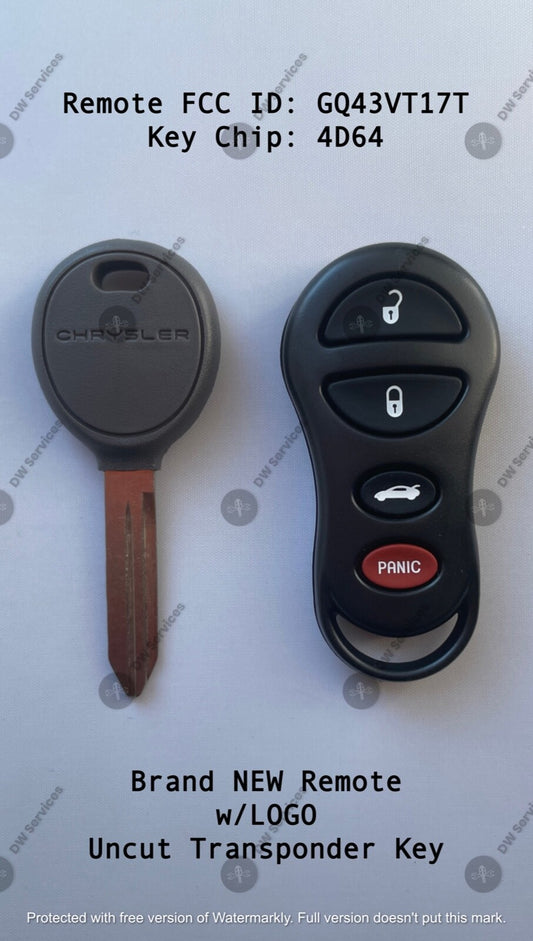 NEW! Chrysler keyless entry remote FOB GQ43VT17T & Transponder KEY 4D64 Chip L/T