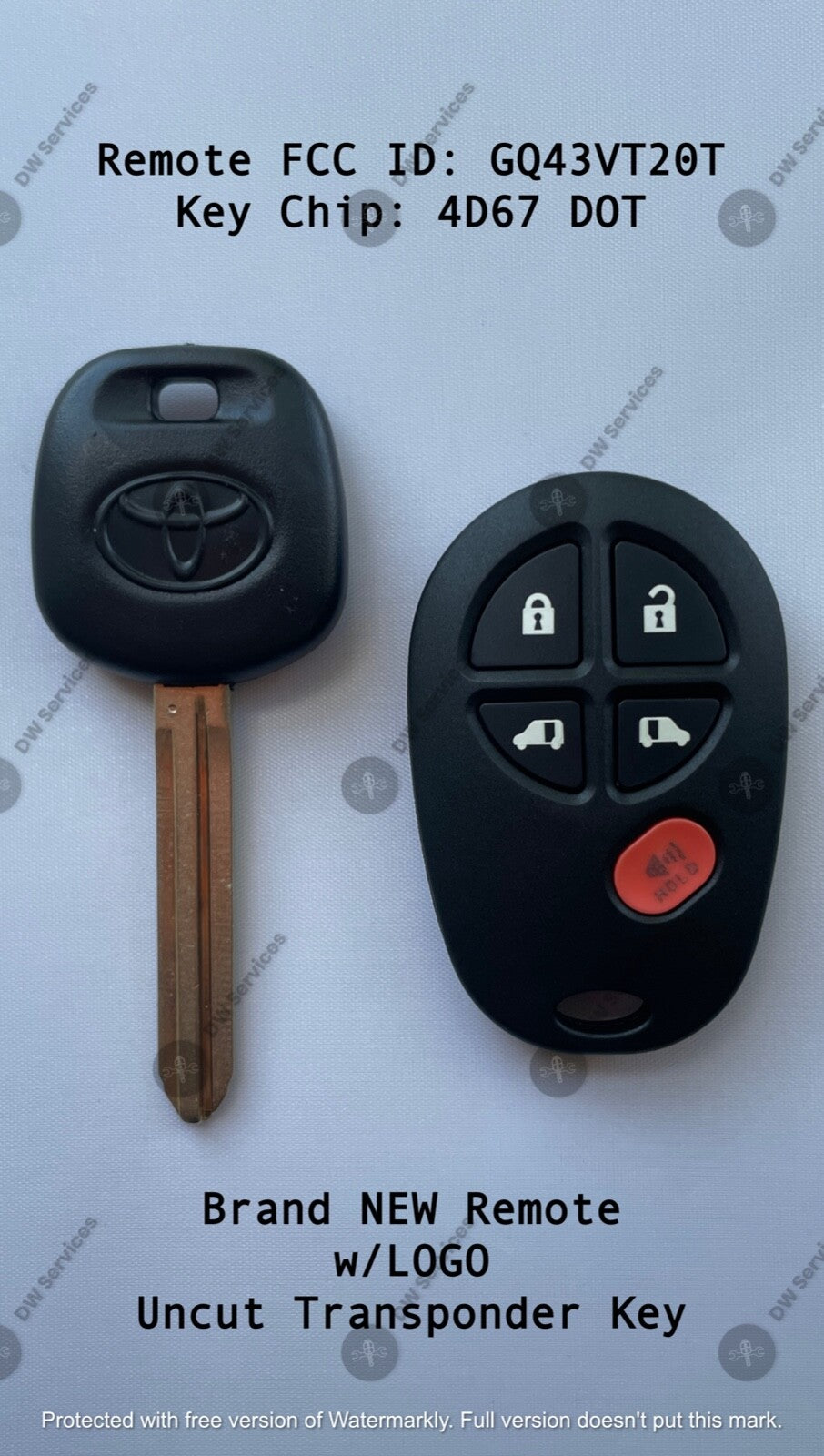 NEW! Toyota SIENNA keyless entry remote FOB GQ43VT20T & Transponder KEY 4D67 DOT