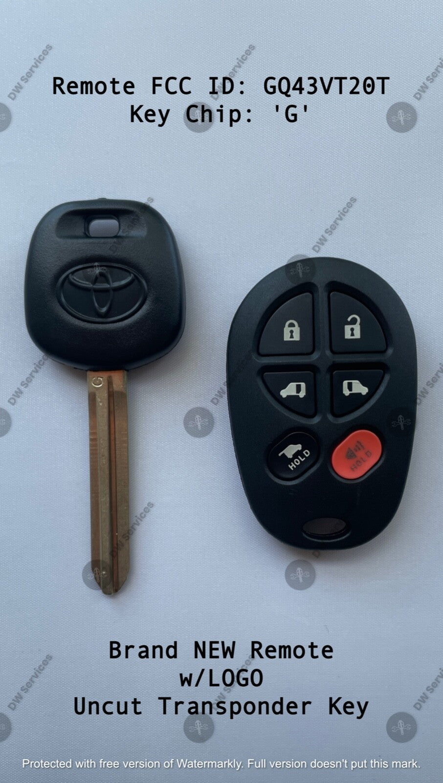 NEW! Toyota SIENNA keyless remote FOB GQ43VT20T & Transponder KEY 'G' Chip HATCH